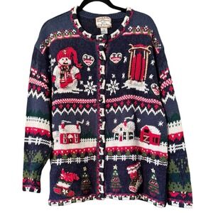 Heirloom Collectibles Women 18/20 3D Christmas Farmhouse Cardigan Cotton Blend